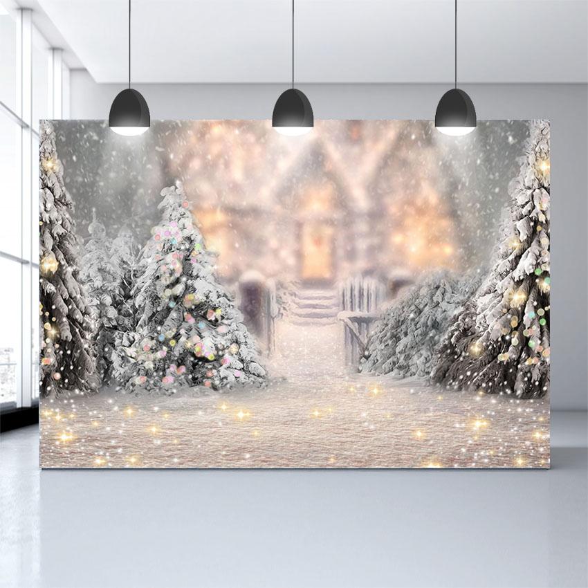 Sfondo Per Studio Fotografico Bokeh Con Albero Di Natale E Neve Invernale G-1194