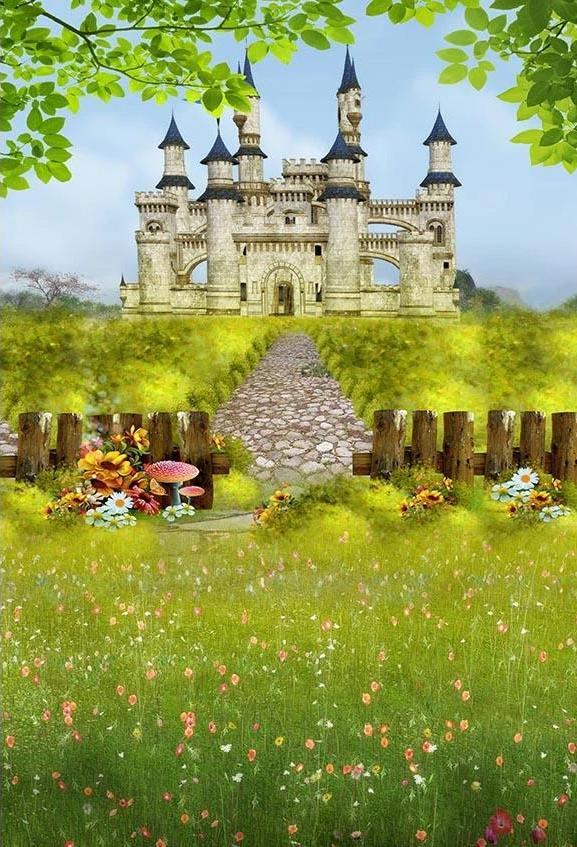 Castle Backdrops Green Grass Spring Flower Photo Backdrop G-549