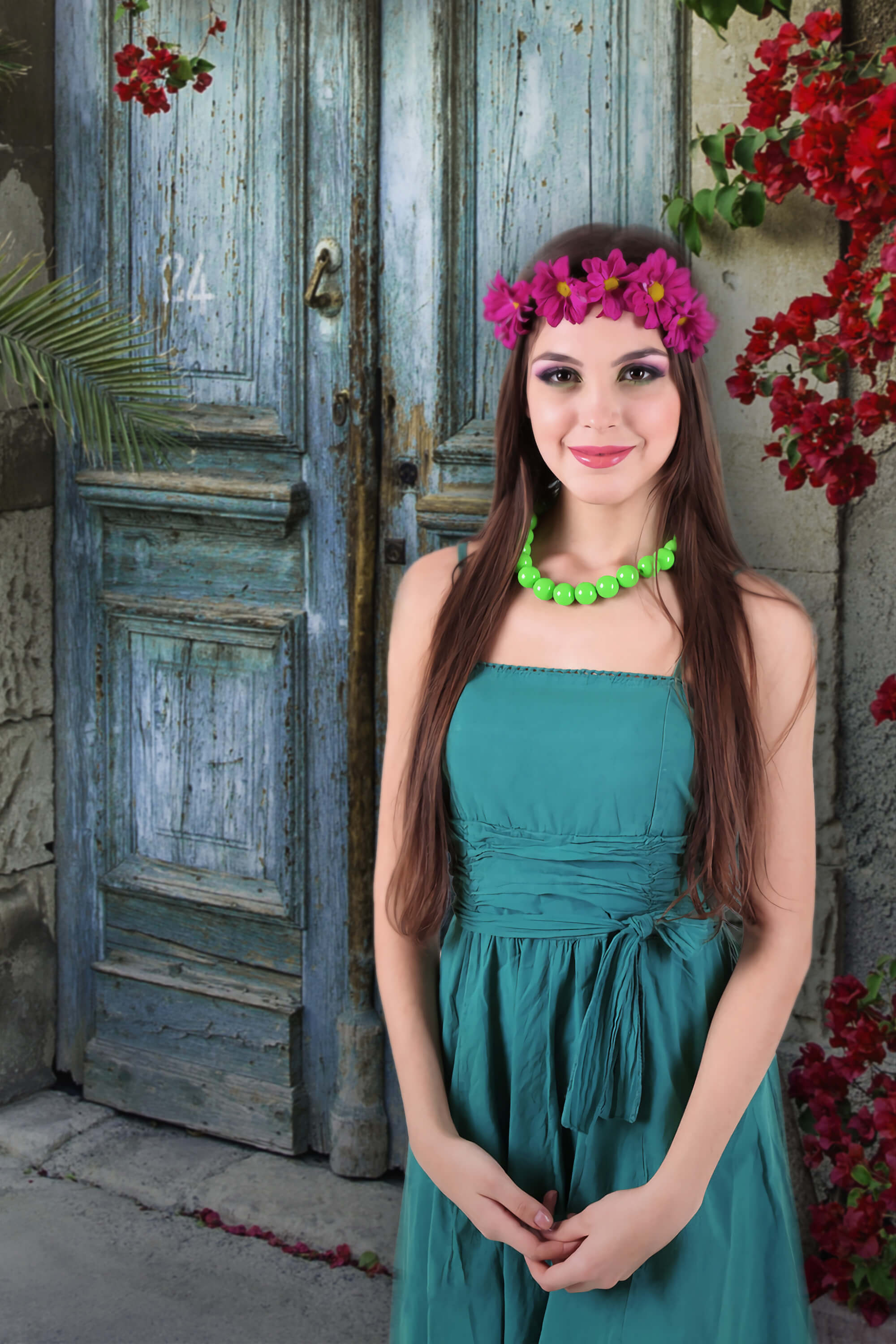 Porta In Legno Verde Fiori Rossi Per Ritratti Fotografici J03155