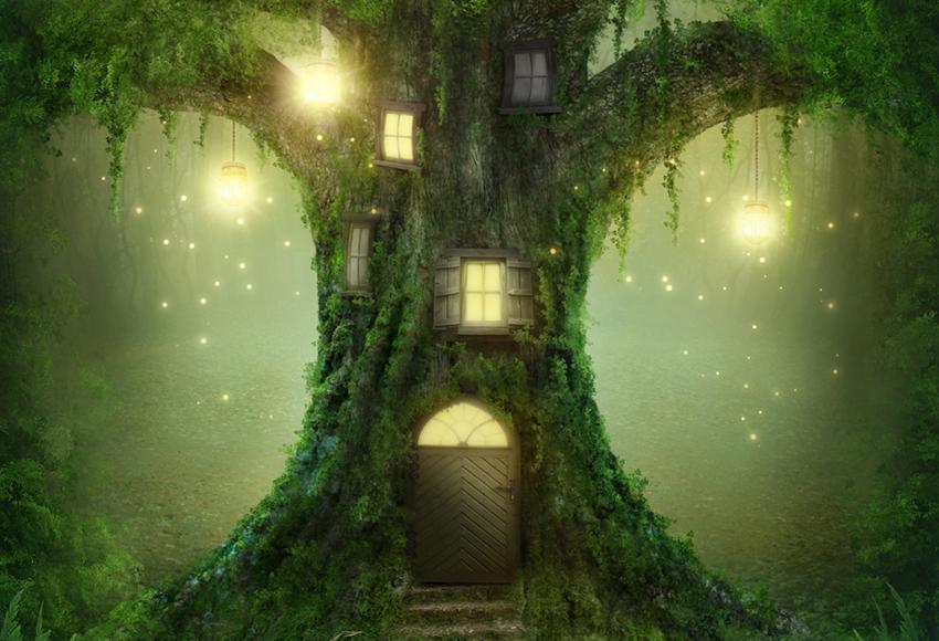 Sfondo Per Bambini Cartone Animato Da Favola Sfondo Grande Albero Casa In Legno Sfondi J03524