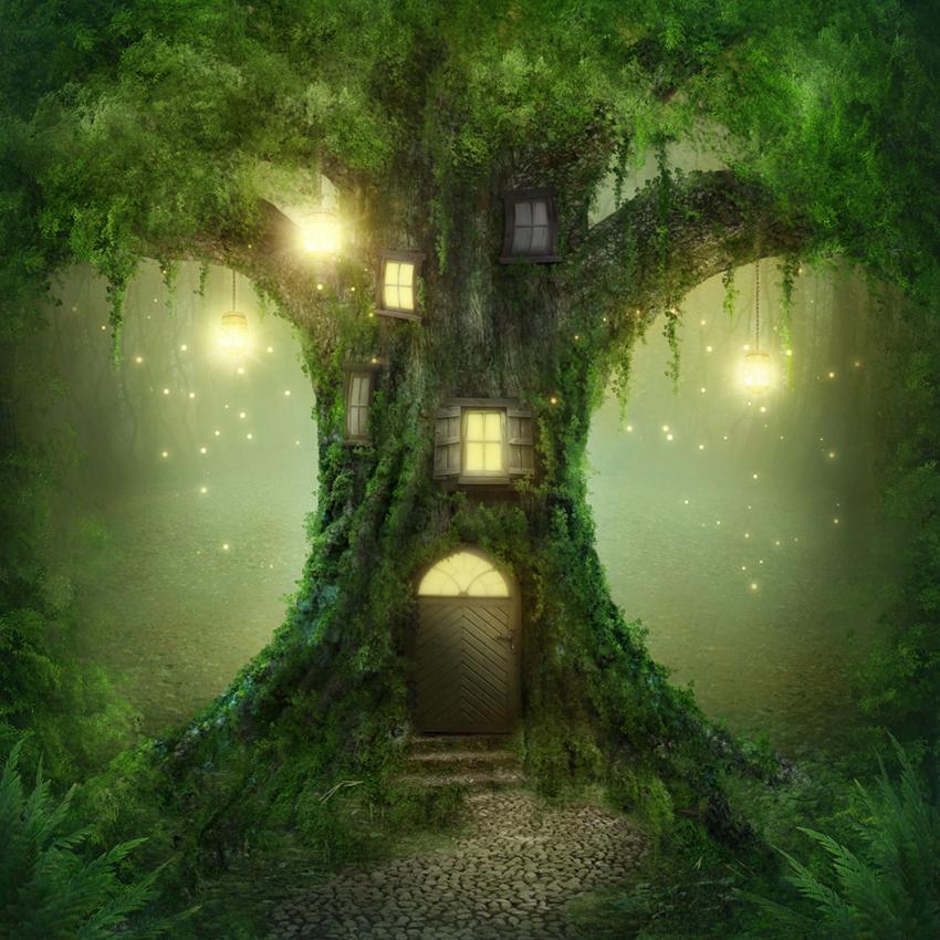 Sfondo Per Bambini Cartone Animato Da Favola Sfondo Grande Albero Casa In Legno Sfondi J03524
