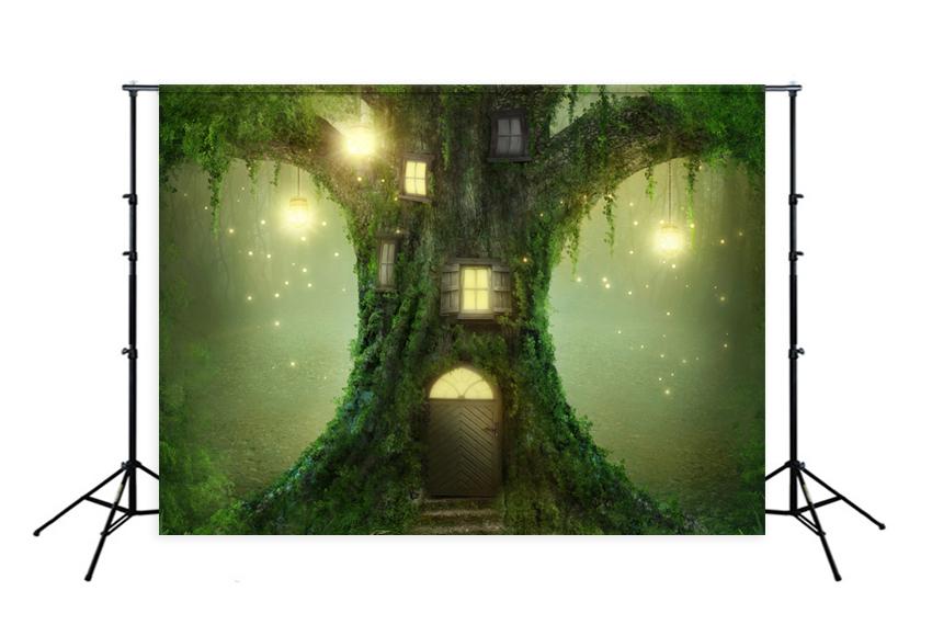Sfondo Per Bambini Cartone Animato Da Favola Sfondo Grande Albero Casa In Legno Sfondi J03524