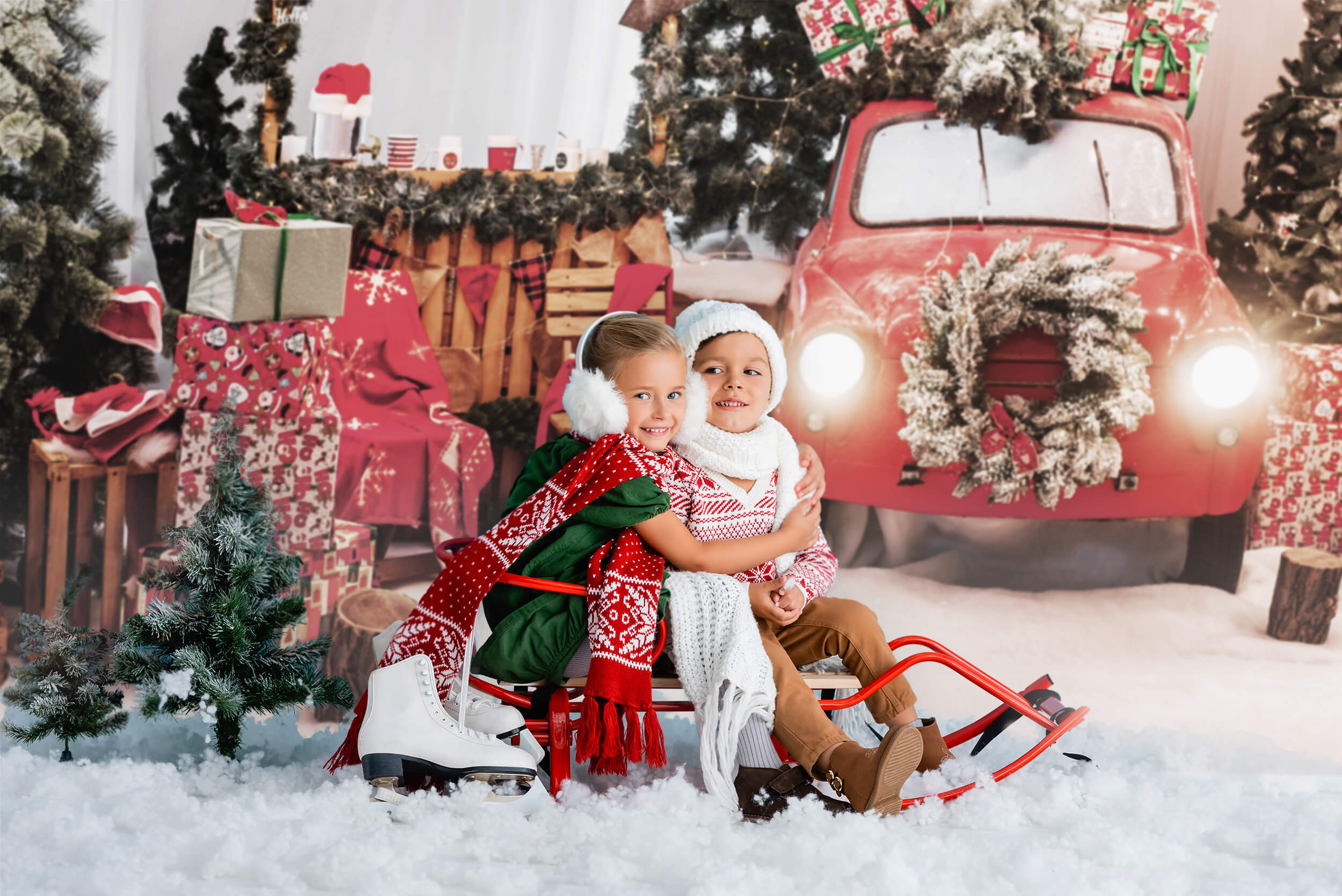 Auto Rossa Decorazioni Natalizie Luci Di Capodanno Sfondo Fotografico KAT-181