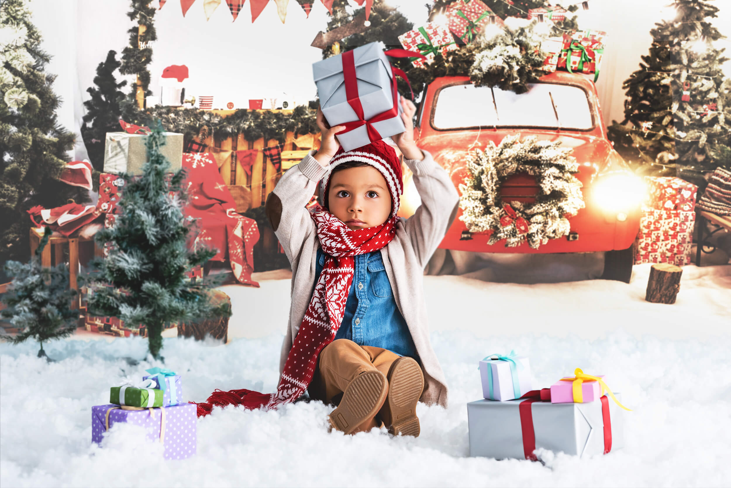 Auto Rossa Decorazioni Natalizie Luci Di Capodanno Sfondo Fotografico KAT-181