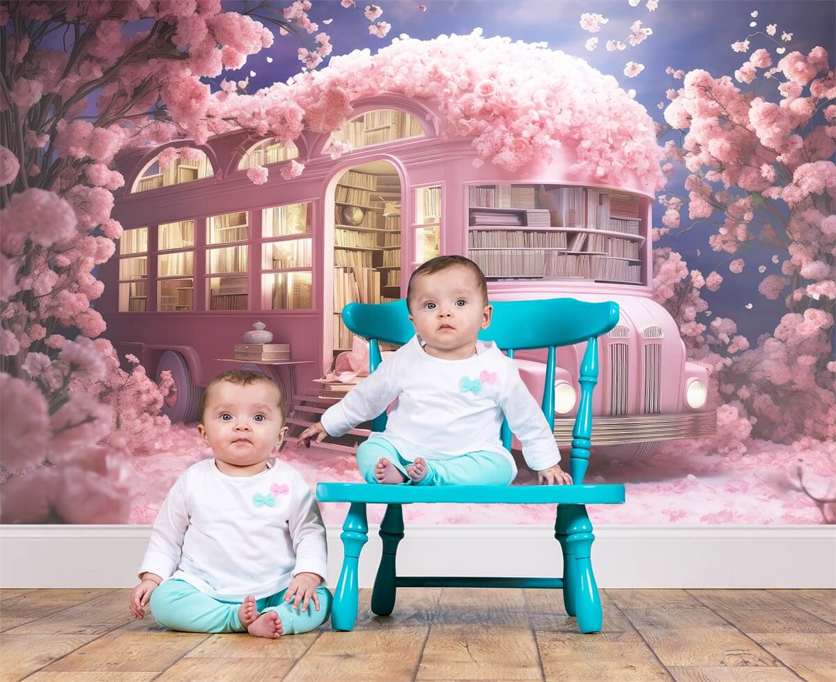 Fiori Che Circondano Fondali Rosa Pieni Di Libri Di Scuolabus M1-07