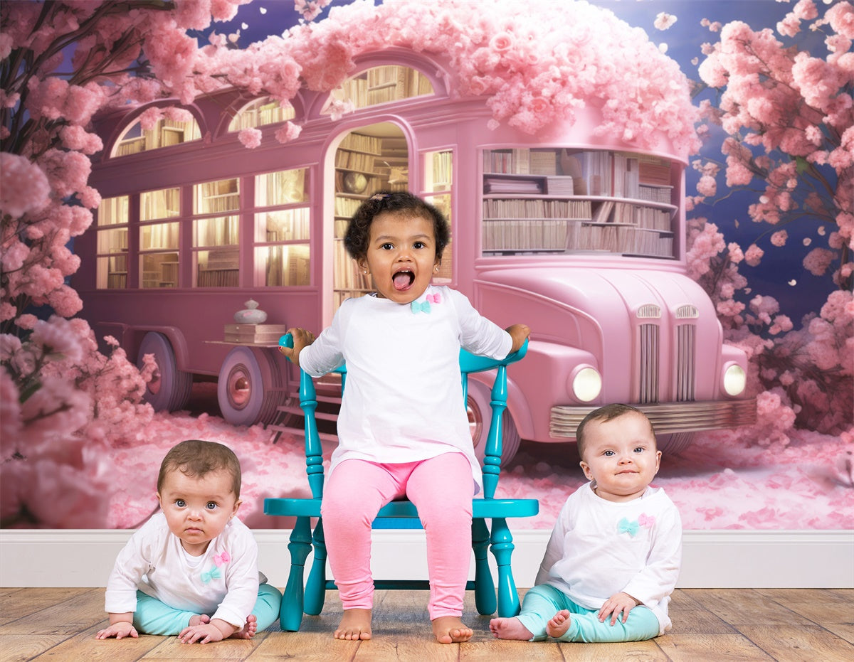 Fiori Che Circondano Fondali Rosa Pieni Di Libri Di Scuolabus M1-07