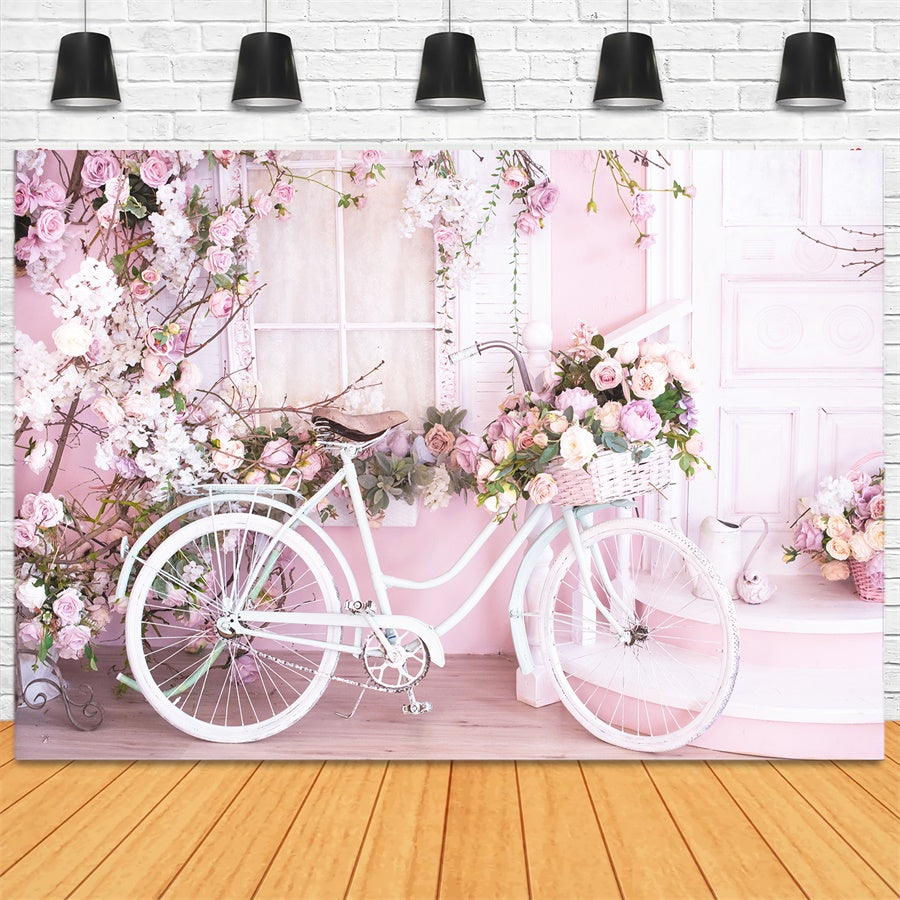 Muro Rosa Pieno Di Fiori Sfondo Di Bicicletta Bianca M1-08