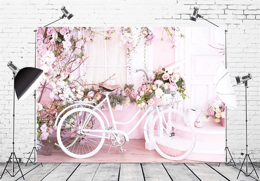 Muro Rosa Pieno Di Fiori Sfondo Di Bicicletta Bianca M1-08