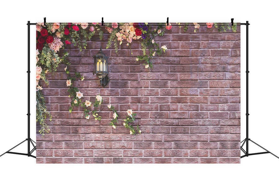 Sfondo Di Lampione Stradale Con Fiori Di Muro Di Mattoni Vintage Primaverile M1-20