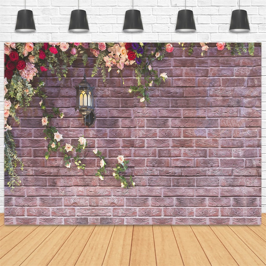 Sfondo Di Lampione Stradale Con Fiori Di Muro Di Mattoni Vintage Primaverile M1-20