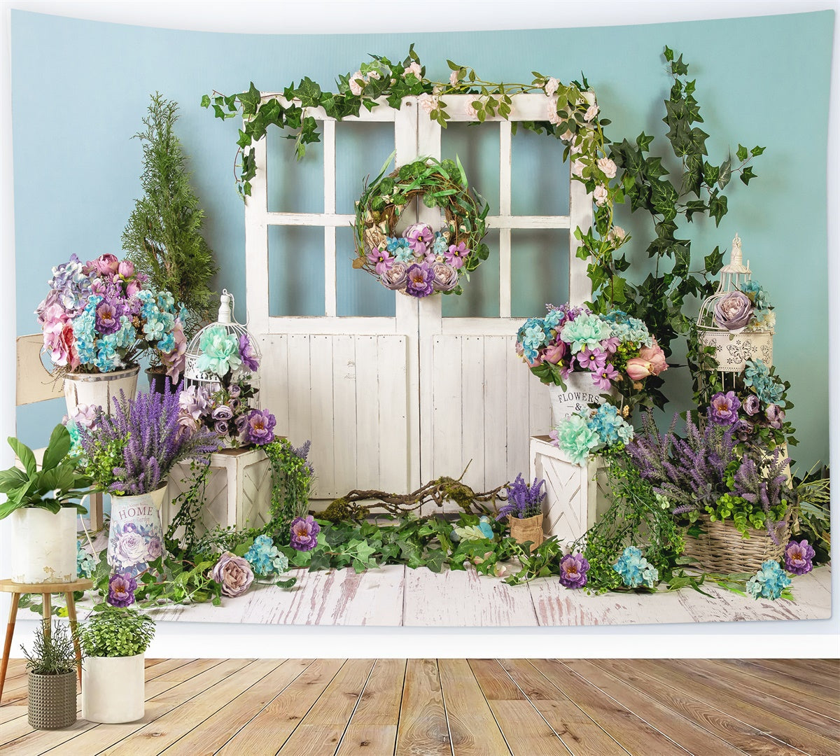 Ghirlanda Di Fiori Primaverili Porta In Legno Sfondo Fresco M1-21