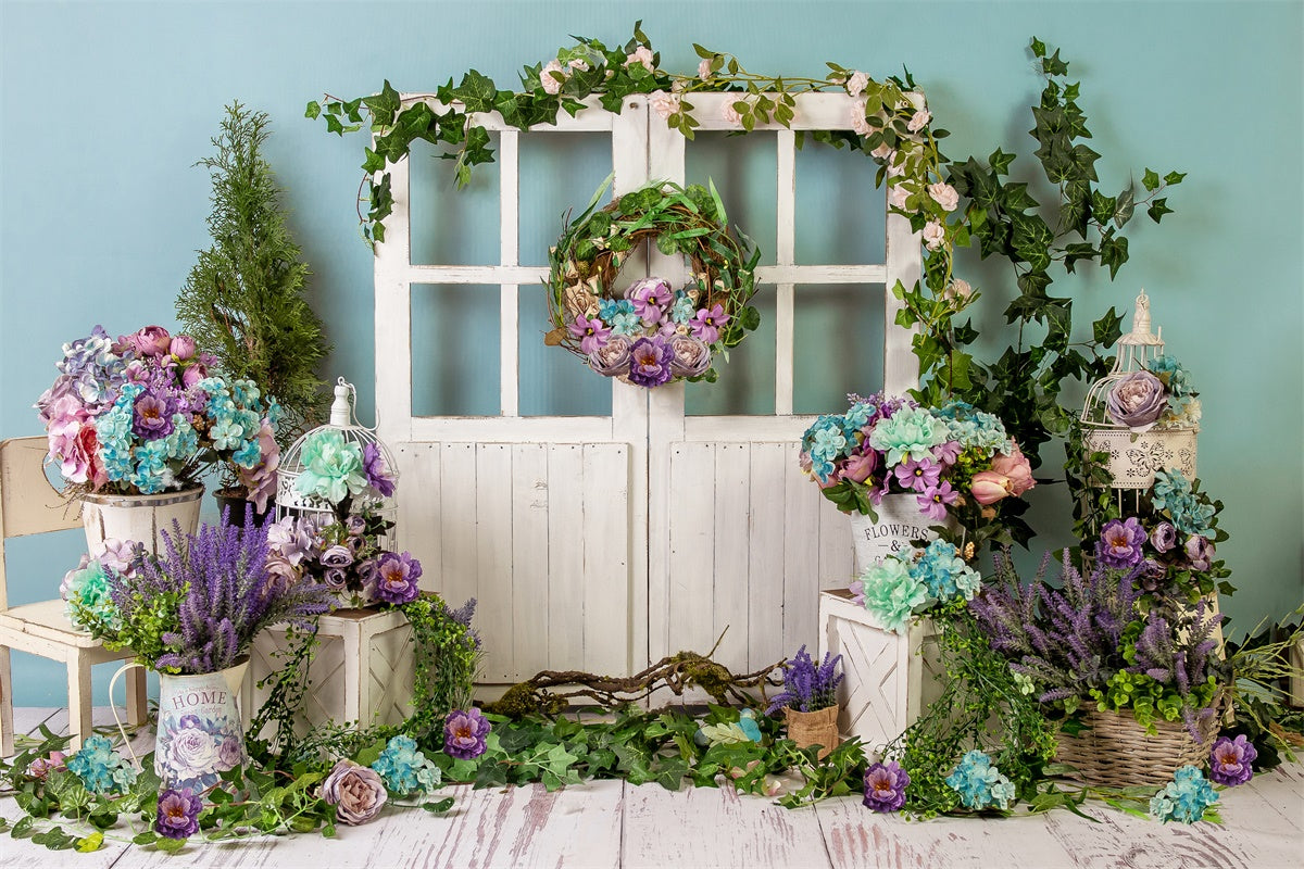 Ghirlanda Di Fiori Primaverili Porta In Legno Sfondo Fresco M1-21