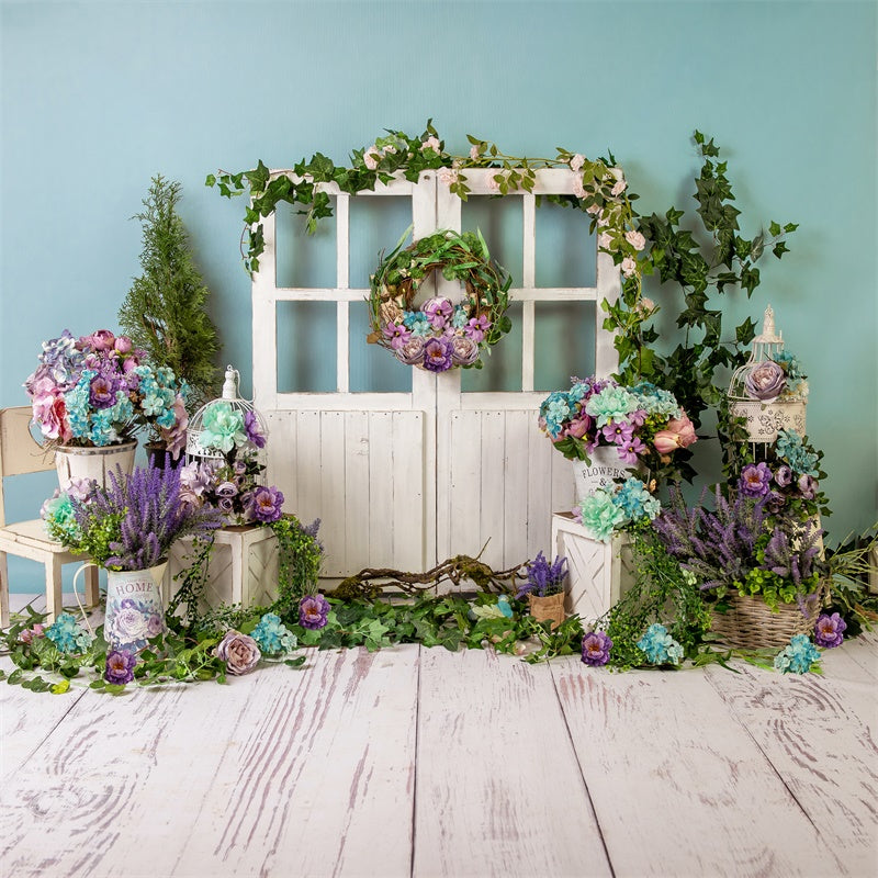 Ghirlanda Di Fiori Primaverili Porta In Legno Sfondo Fresco M1-21