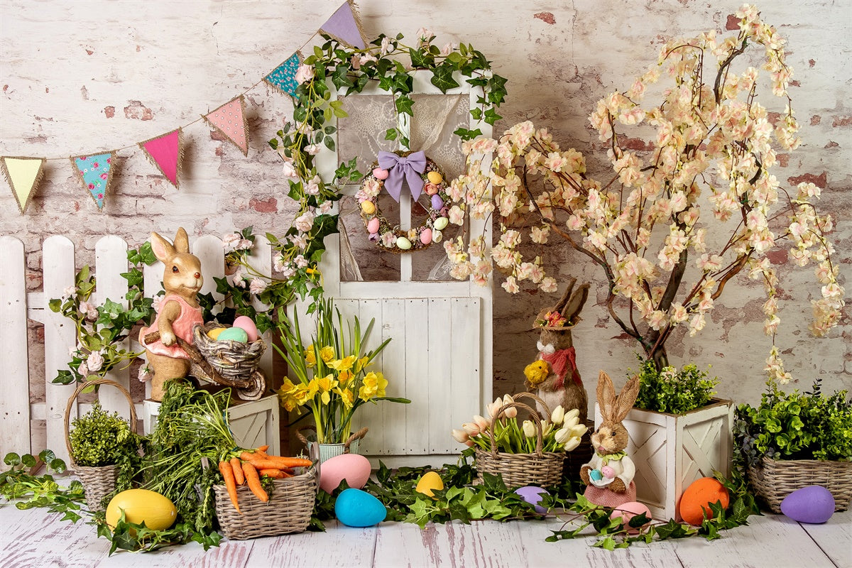 Sfondo Di Porta In Legno Con Ghirlanda Floreale Elegante Di Pasqua M1-23