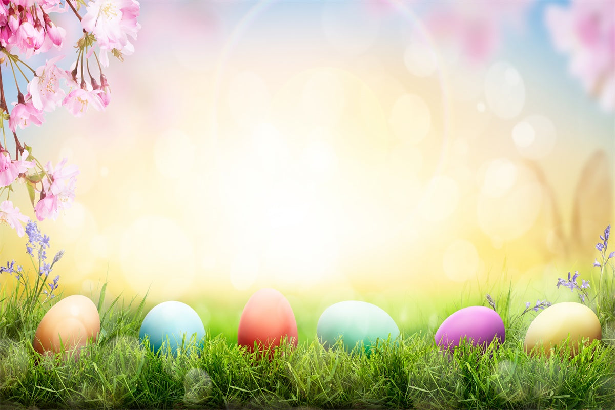 Sfondo Di Prato Con Fiori Di Ciliegio E Uovo Di Pasqua M1-36