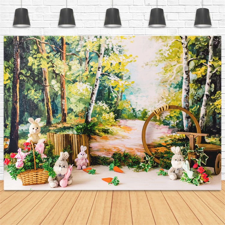 Pittura A Olio Di Pasqua Foresta Bambola Coniglietto Carota Sfondo M1-37