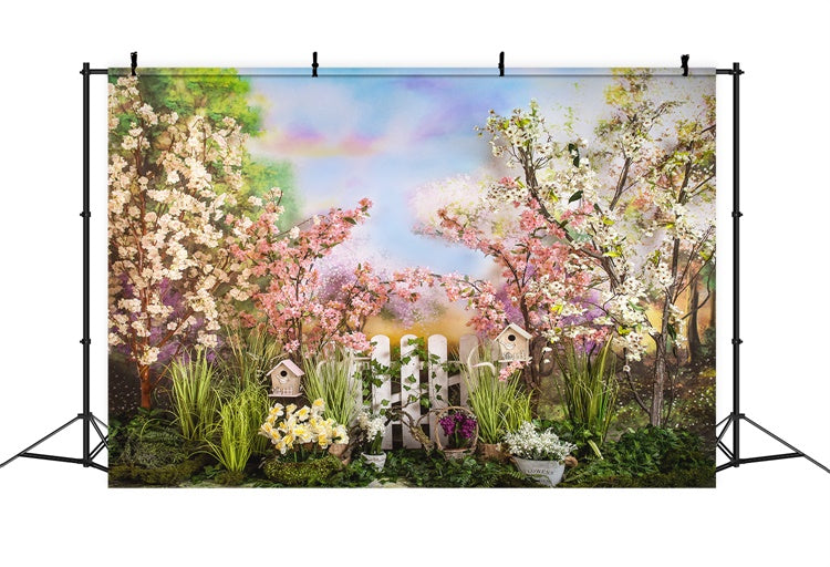 Sfondo Di Recinzione Bianca Con Fiori Di Ciliegio E Nuvole Di Colore Arcobaleno Primaverile M1-40