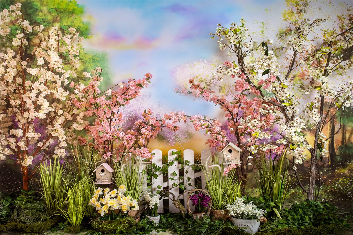 Sfondo Di Recinzione Bianca Con Fiori Di Ciliegio E Nuvole Di Colore Arcobaleno Primaverile M1-40
