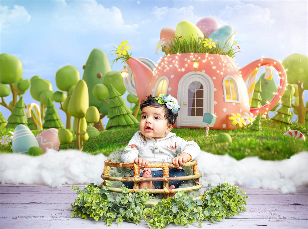 Sfondo Di Caramelle All'Uovo Con Bollitore Per Cartoni Animati Di Pasqua M1-43