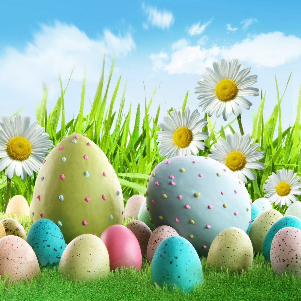 Margherite Dell'Uovo Di Pasqua Cielo Blu Nuvole Bianche Sullo Sfondo M1-52