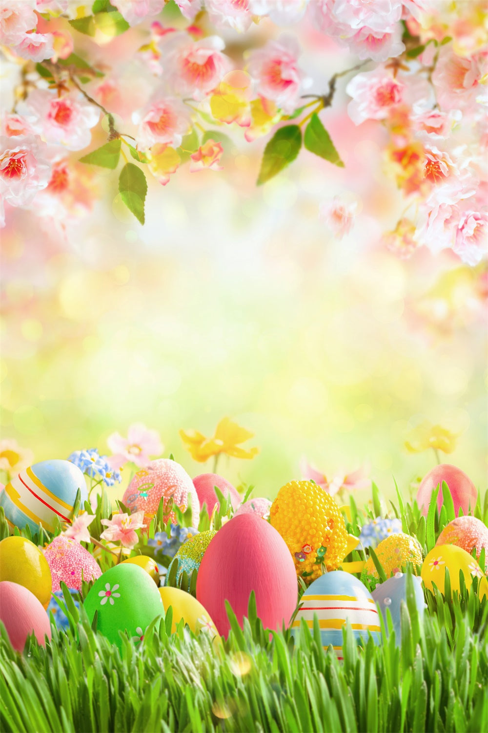 Sfondo Di Uova Di Fiori Di Ciliegio Con Prato Primaverile Caldo Di Pasqua M1-54