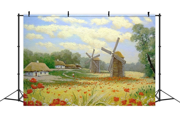 Campo Di Pittura A Olio Primaverile Fiori Mulino A Vento Villaggio Sfondo M1-73