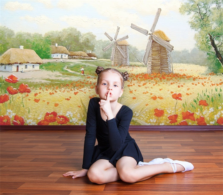 Campo Di Pittura A Olio Primaverile Fiori Mulino A Vento Villaggio Sfondo M1-73