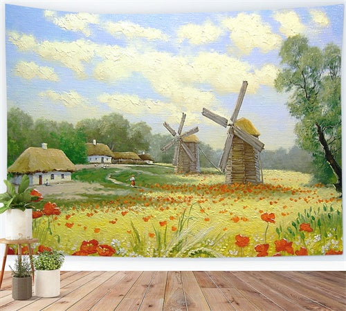 Campo Di Pittura A Olio Primaverile Fiori Mulino A Vento Villaggio Sfondo M1-73