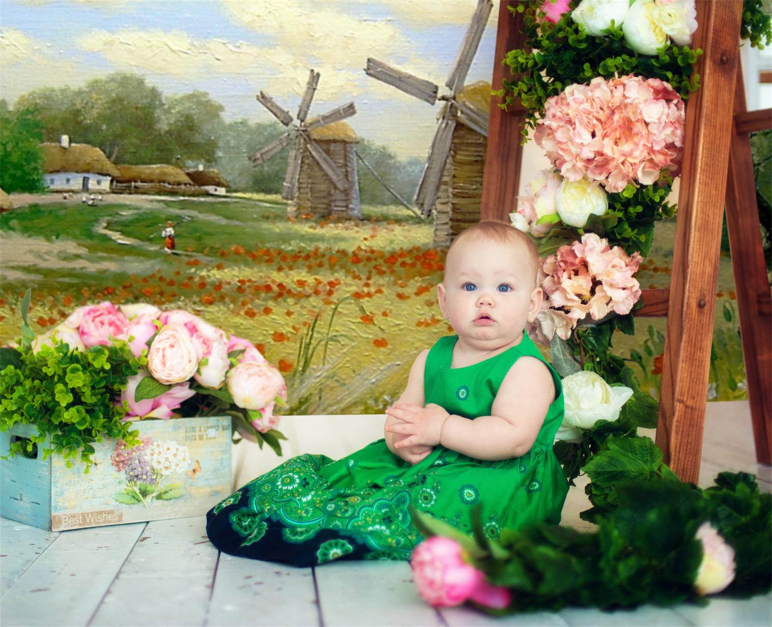 Campo Di Pittura A Olio Primaverile Fiori Mulino A Vento Villaggio Sfondo M1-73