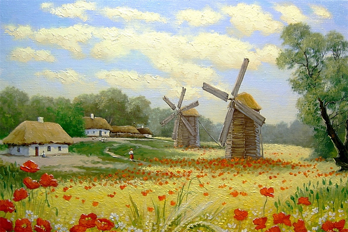 Campo Di Pittura A Olio Primaverile Fiori Mulino A Vento Villaggio Sfondo M1-73