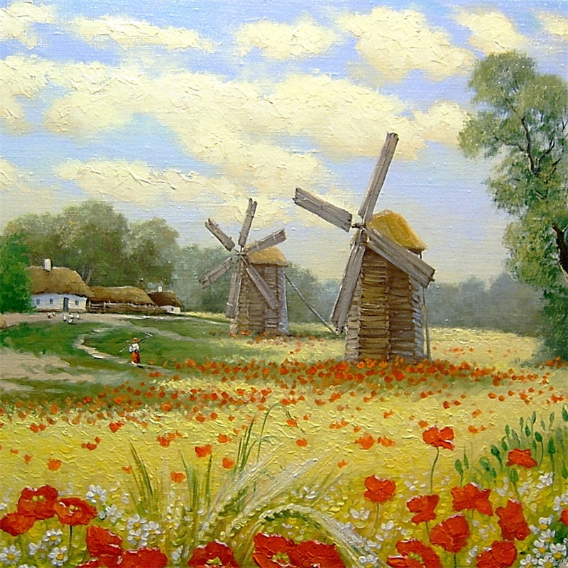 Campo Di Pittura A Olio Primaverile Fiori Mulino A Vento Villaggio Sfondo M1-73