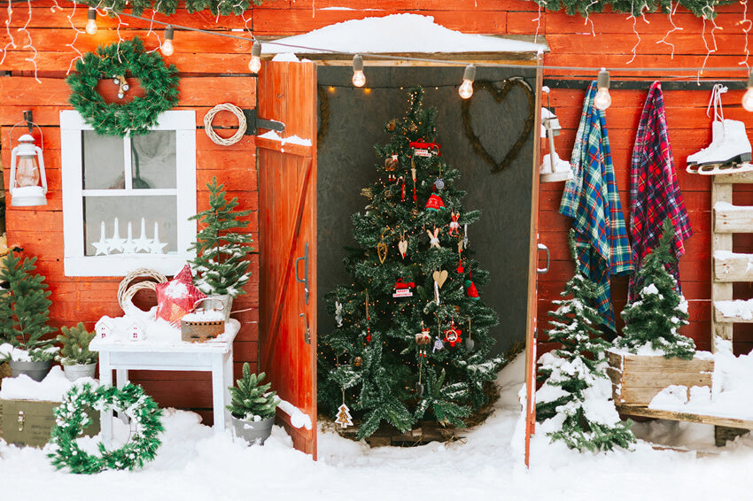 Sfondo Di Neve Con Ghirlanda Di Porta Dell'Albero Di Natale M10-01