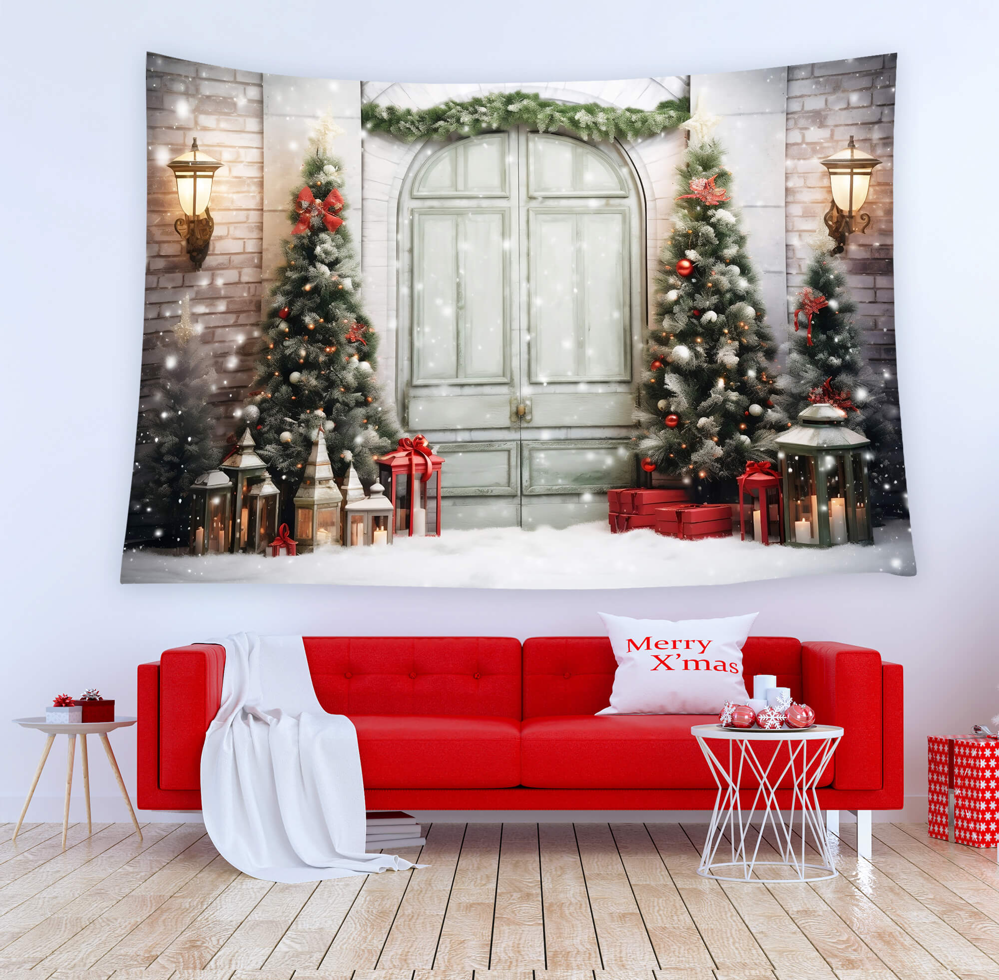 Sfondo Del Muro Della Porta Innevata Degli Alberi Di Natale M10-57