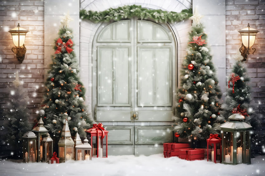 Sfondo Del Muro Della Porta Innevata Degli Alberi Di Natale M10-57