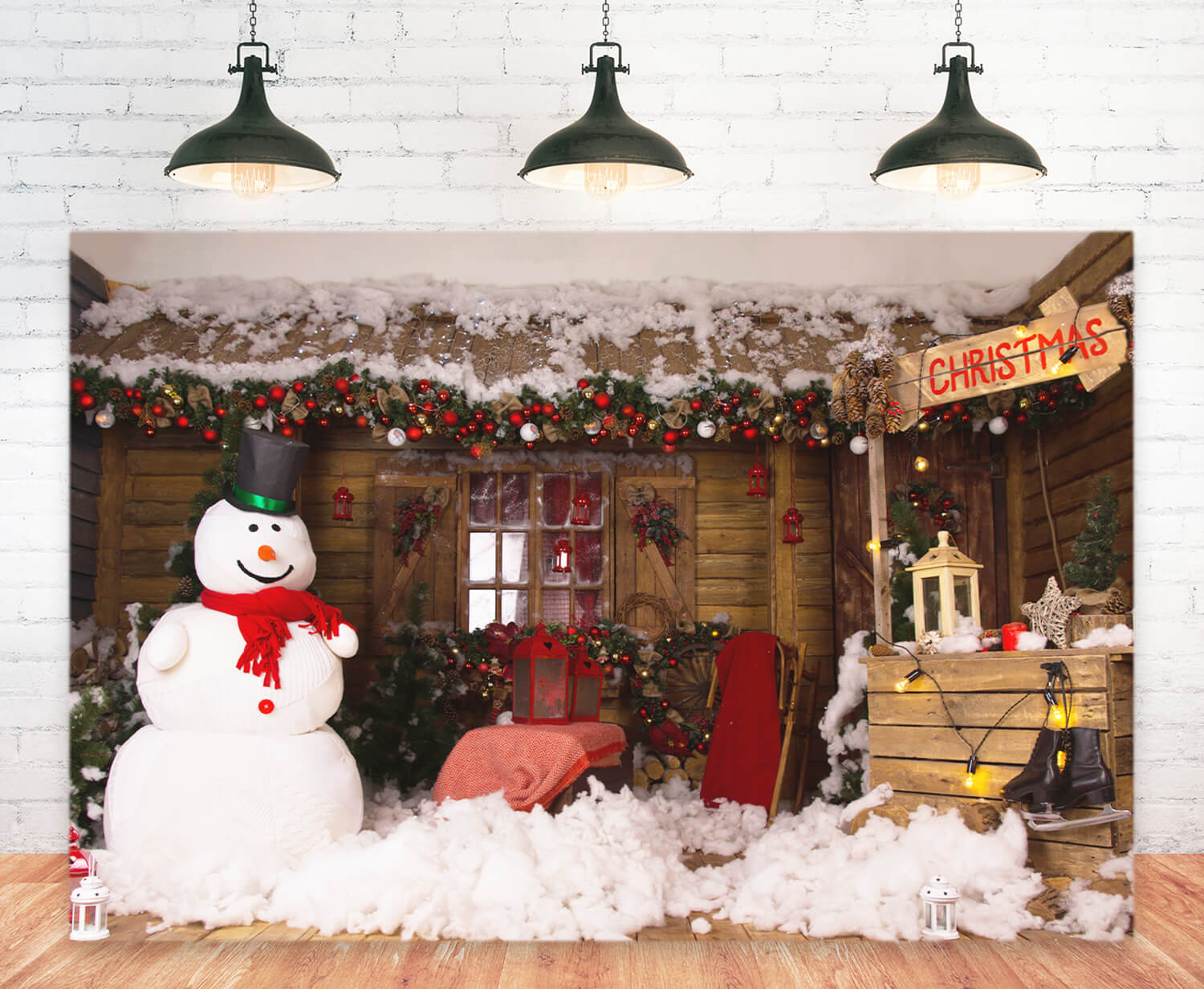 Sfondo Del Pupazzo Di Neve Della Casa In Legno Dell'Albero Di Natale M11-06