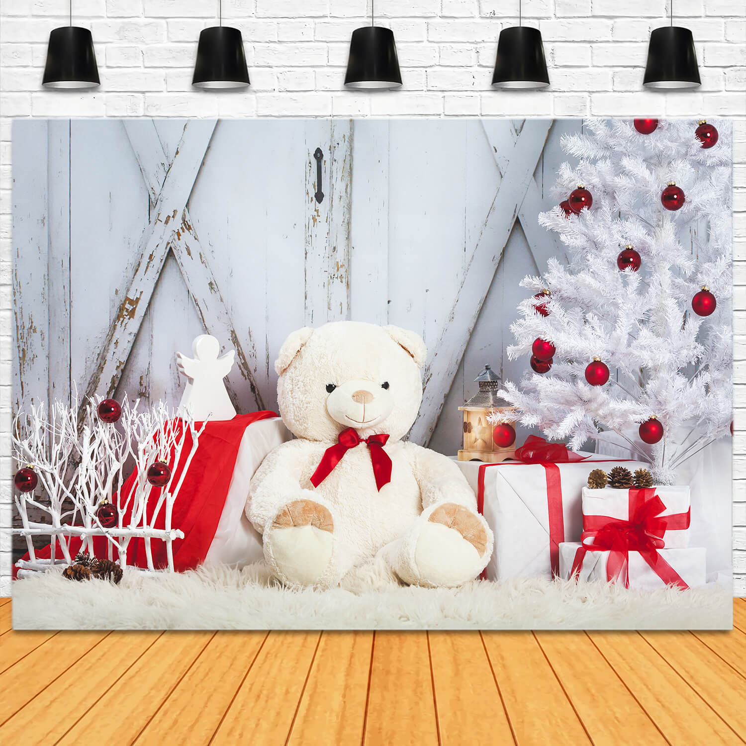 Sfondo Della Porta Del Fienile Dell'Orso Giocattolo Dell'Albero Di Natale M11-07