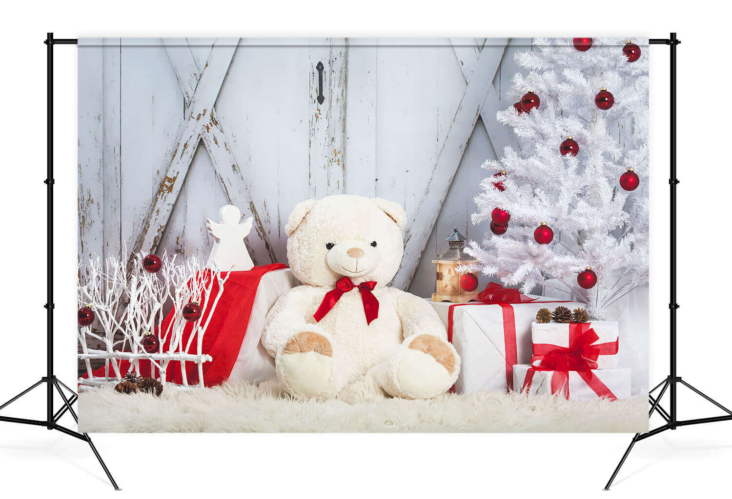 Sfondo Della Porta Del Fienile Dell'Orso Giocattolo Dell'Albero Di Natale M11-07