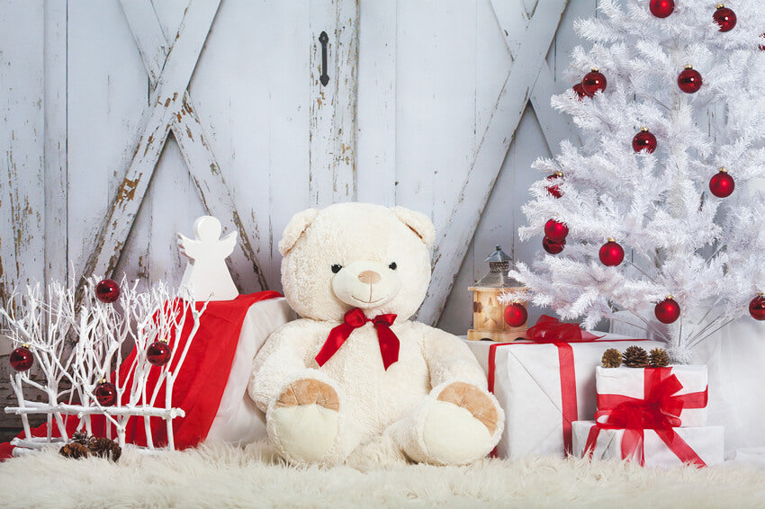 Sfondo Della Porta Del Fienile Dell'Orso Giocattolo Dell'Albero Di Natale M11-07