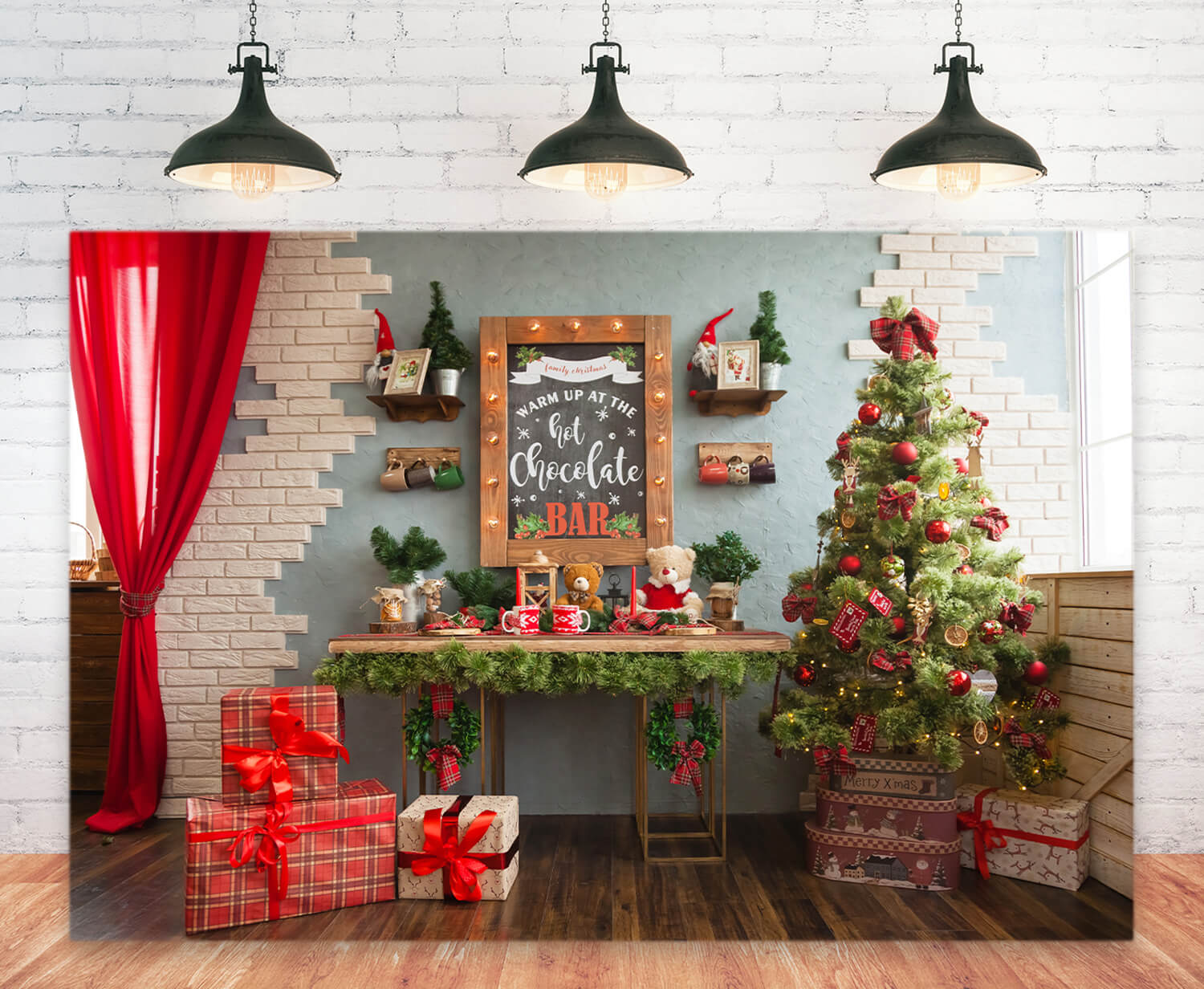 Sfondo Per Studio Regali Con Tenda Rossa Per Albero Di Natale M11-36
