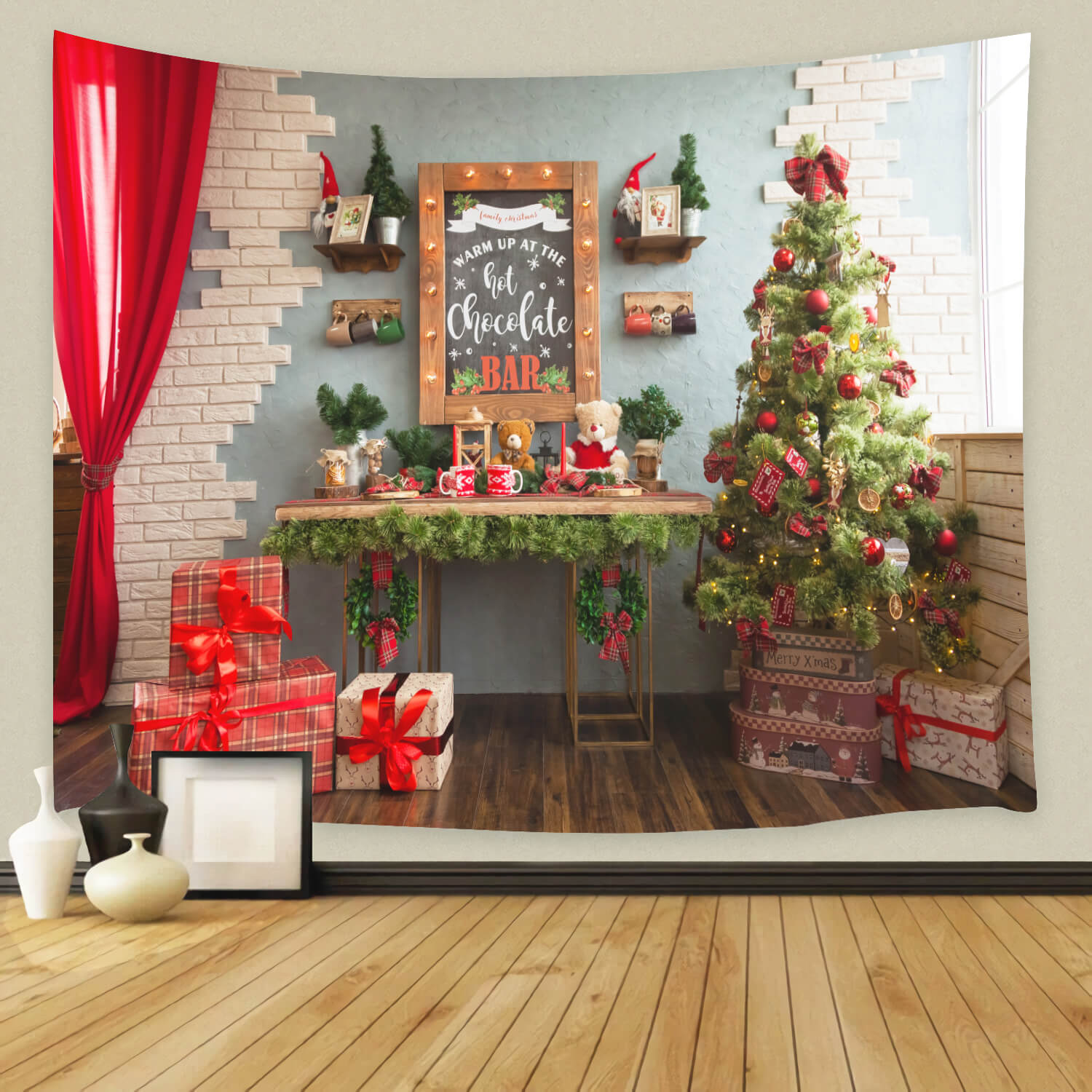 Sfondo Per Studio Regali Con Tenda Rossa Per Albero Di Natale M11-36