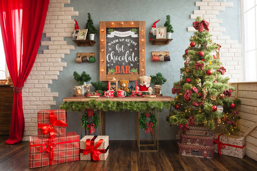 Sfondo Per Studio Regali Con Tenda Rossa Per Albero Di Natale M11-36