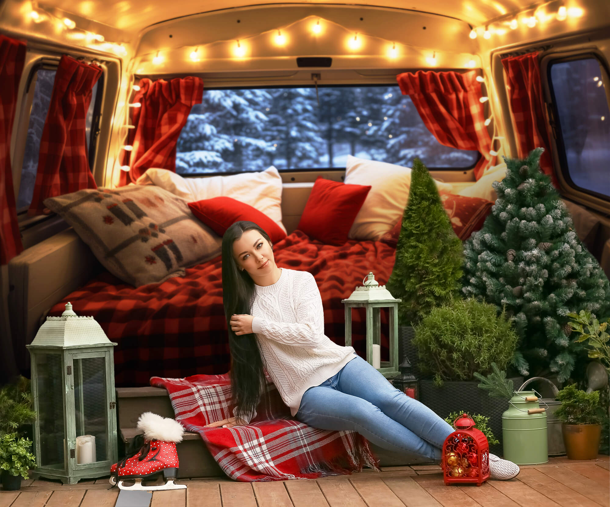Sfondo Natalizio Decorato Con Camper Rosso M11-58