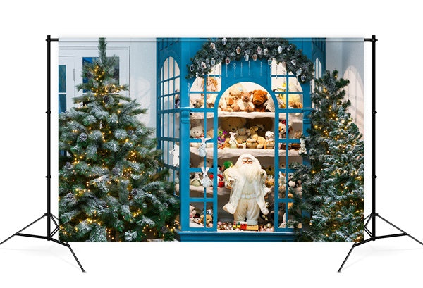 Scaffale Natalizio Pieno Di Giocattoli Alberi Decorati Regali Babbo Natale Sullo Sfondo M11-75