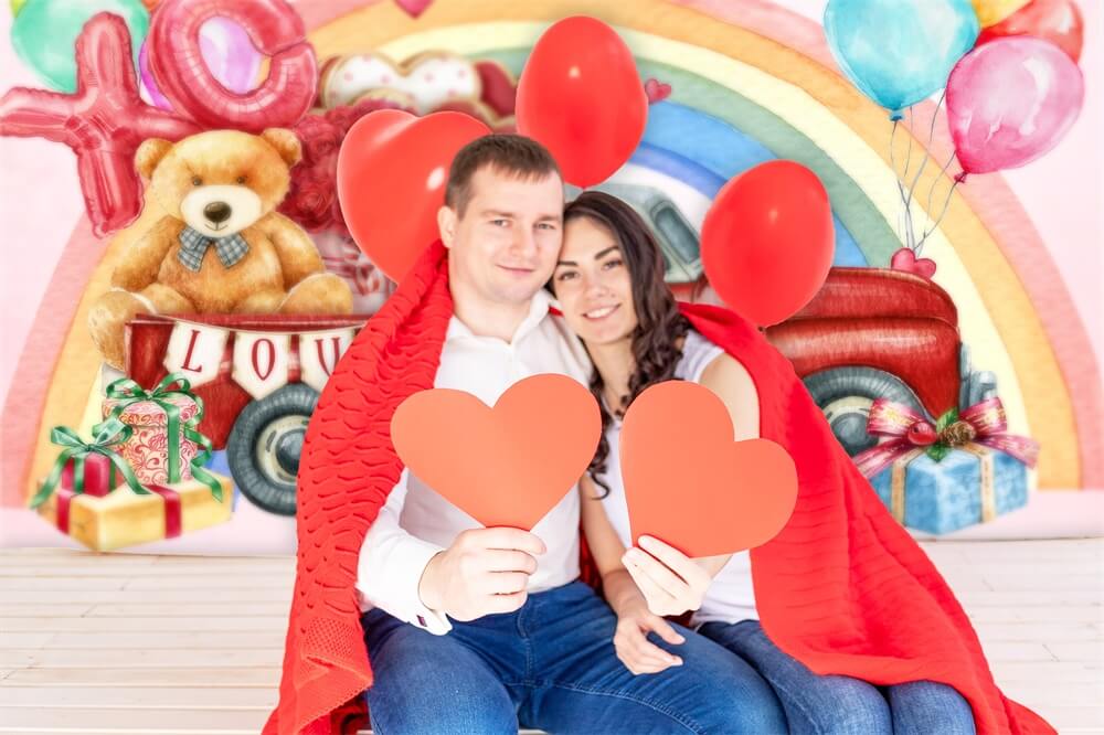 San Valentino Rose Bear Trunk Auto Rossa Arcobaleno Palloncini Graffiti Sfondo M12-11