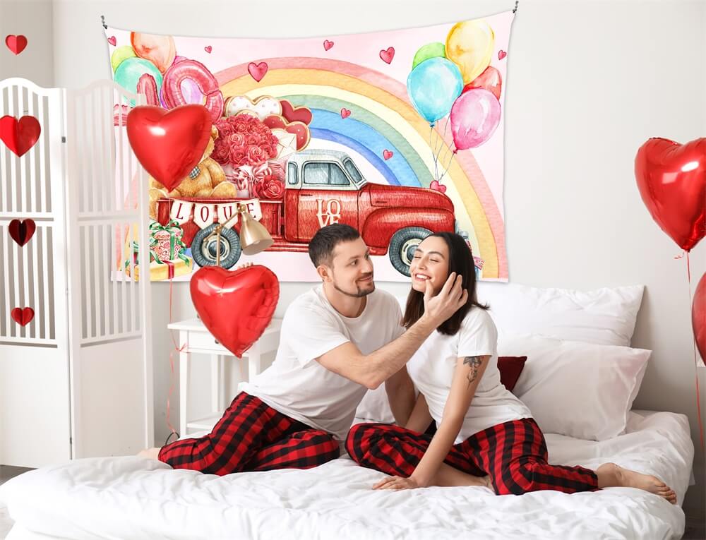San Valentino Rose Bear Trunk Auto Rossa Arcobaleno Palloncini Graffiti Sfondo M12-11