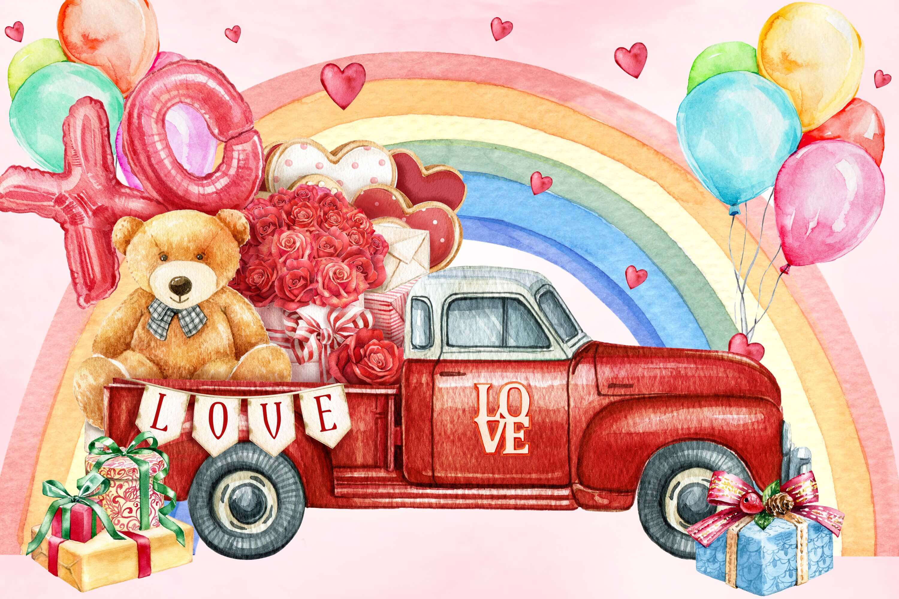 San Valentino Rose Bear Trunk Auto Rossa Arcobaleno Palloncini Graffiti Sfondo M12-11