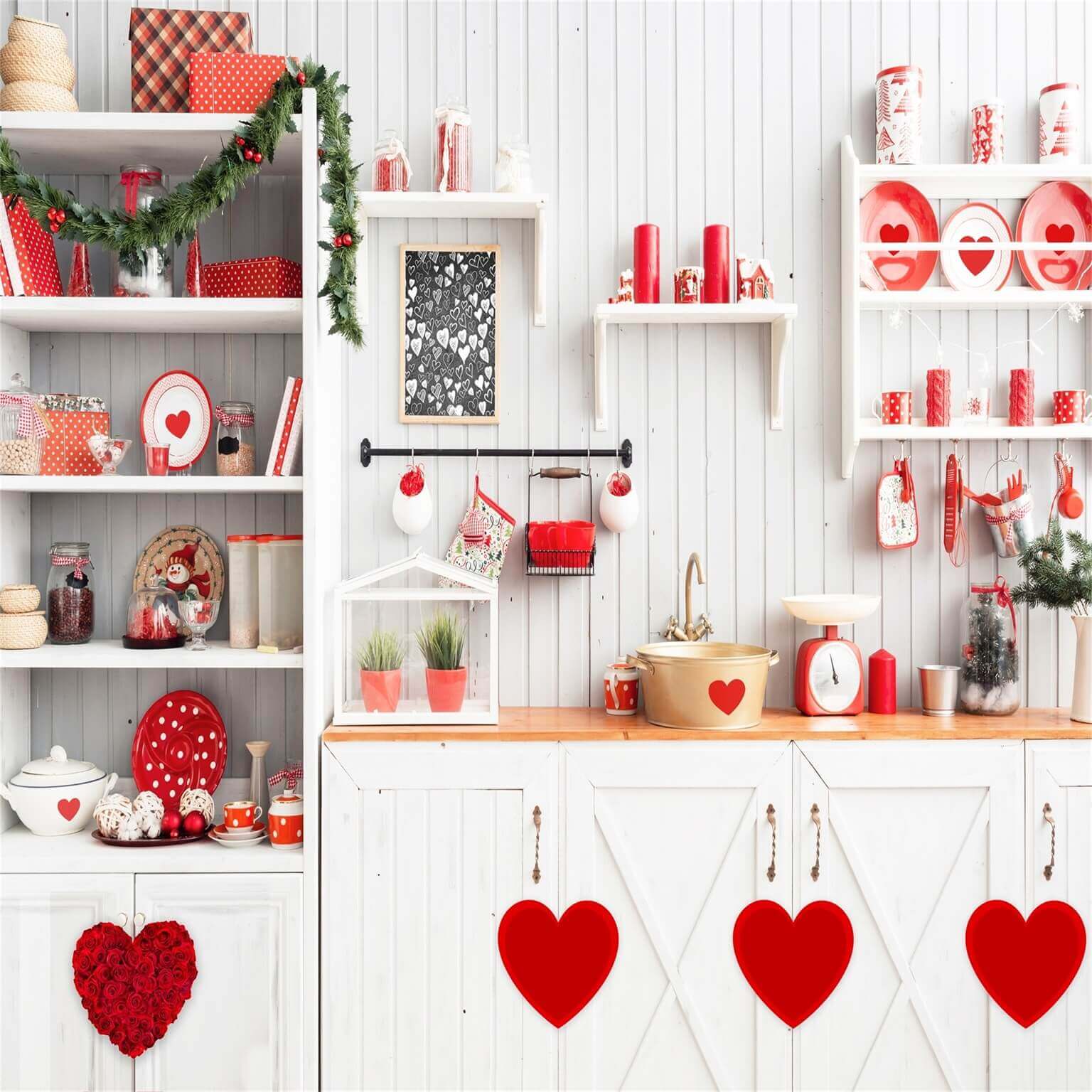 Decorazioni A Forma Di Cuore Rosso Per La Cucina Di San Valentino Con Sfondo Floreale M12-14