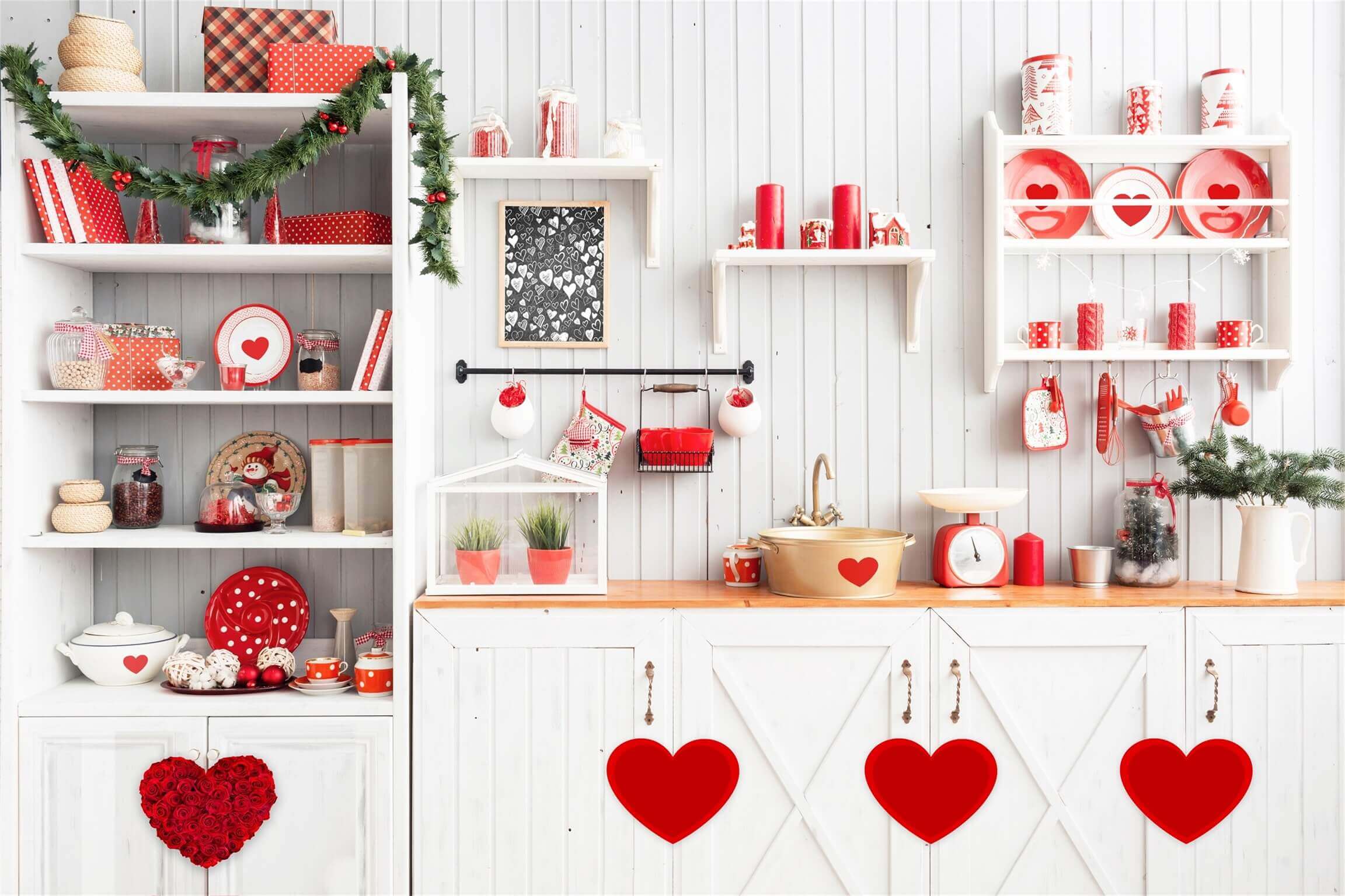 Decorazioni A Forma Di Cuore Rosso Per La Cucina Di San Valentino Con Sfondo Floreale M12-14