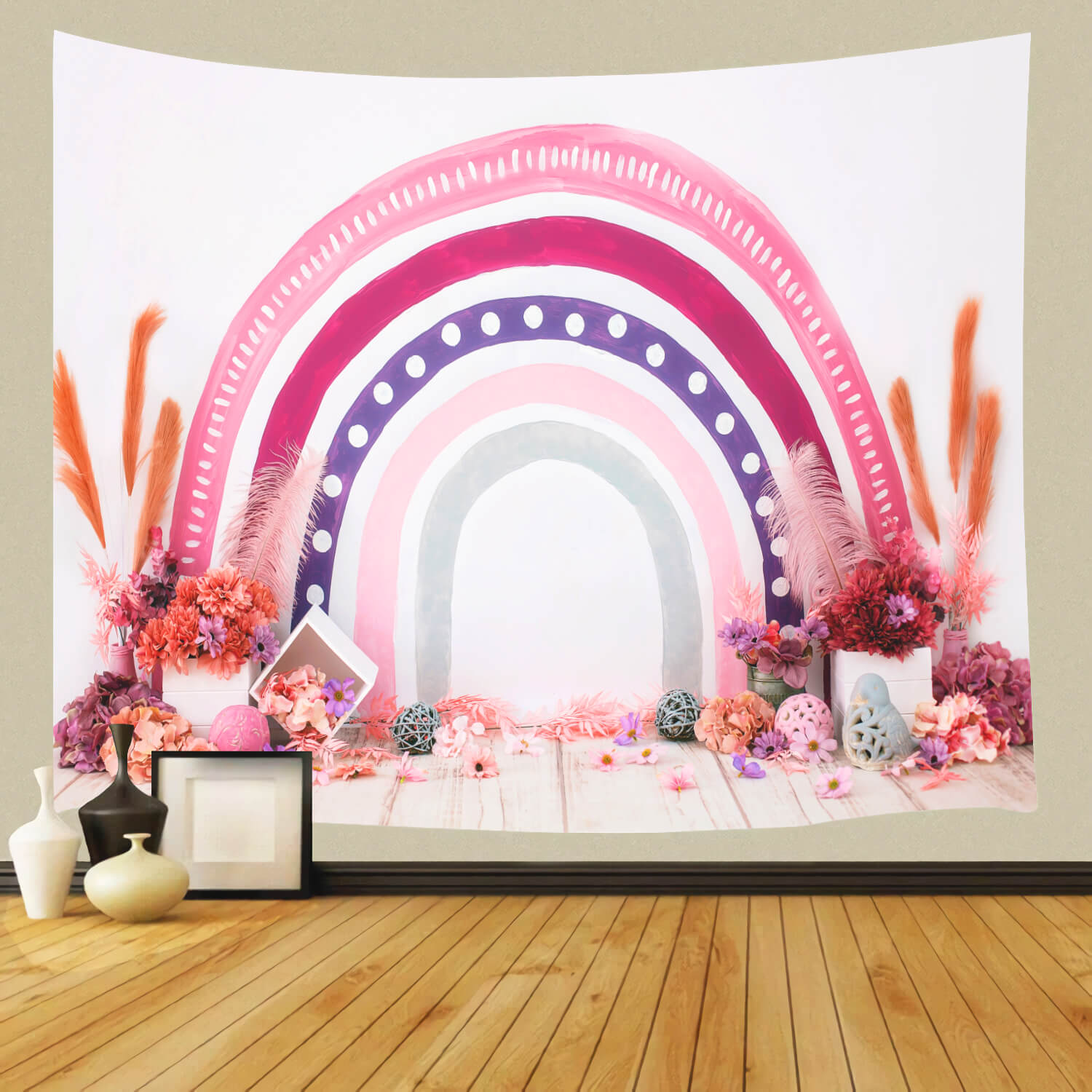 Sfondo Di Fiori Secchi Con Piume Di Palline In Rattan Arcobaleno Bohemien M12-20