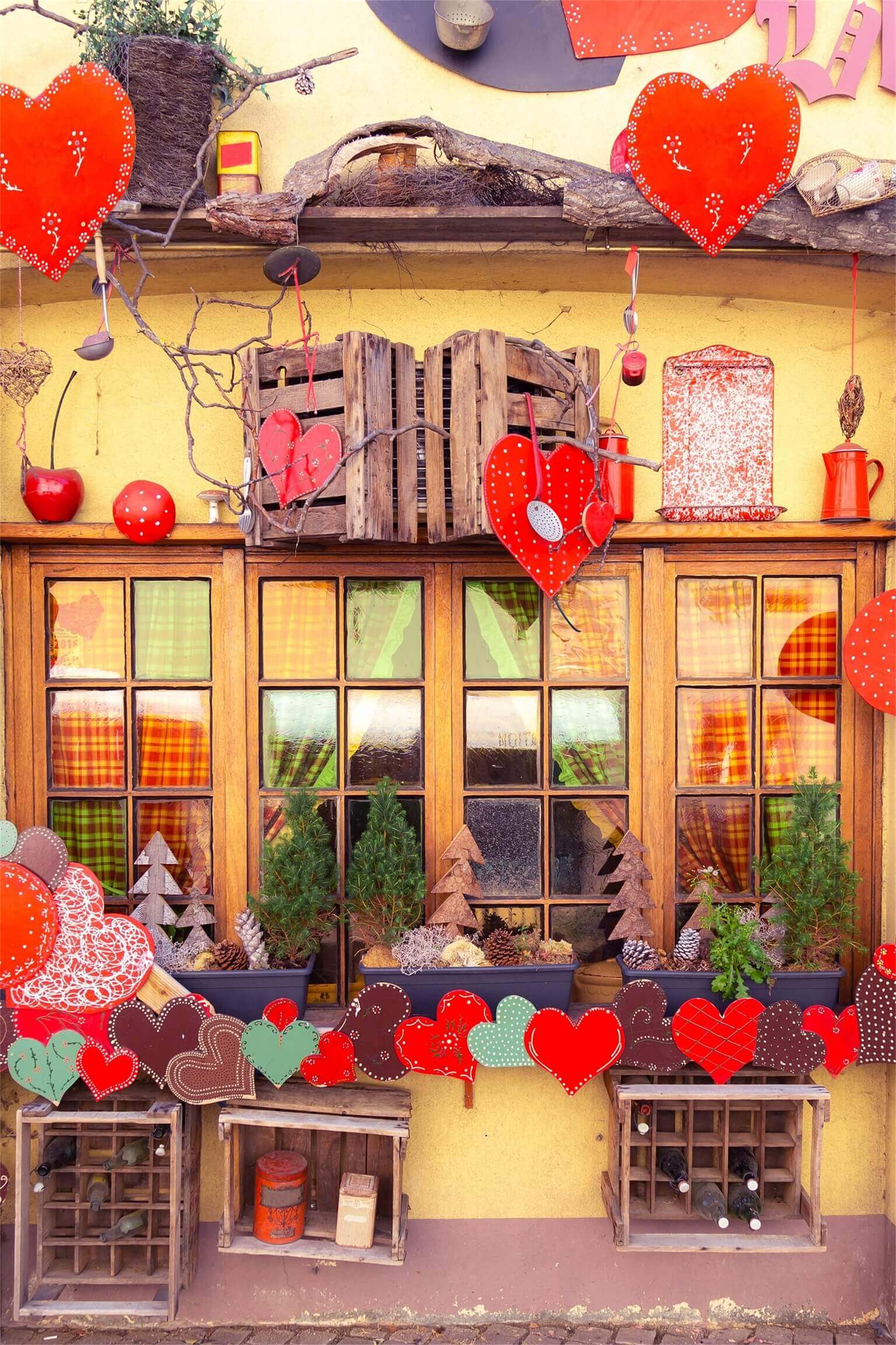 Scena Di Strada Commerciale Gialla Calda Decorazione A Forma Di Cuore Sfondo Di San Valentino M12-25